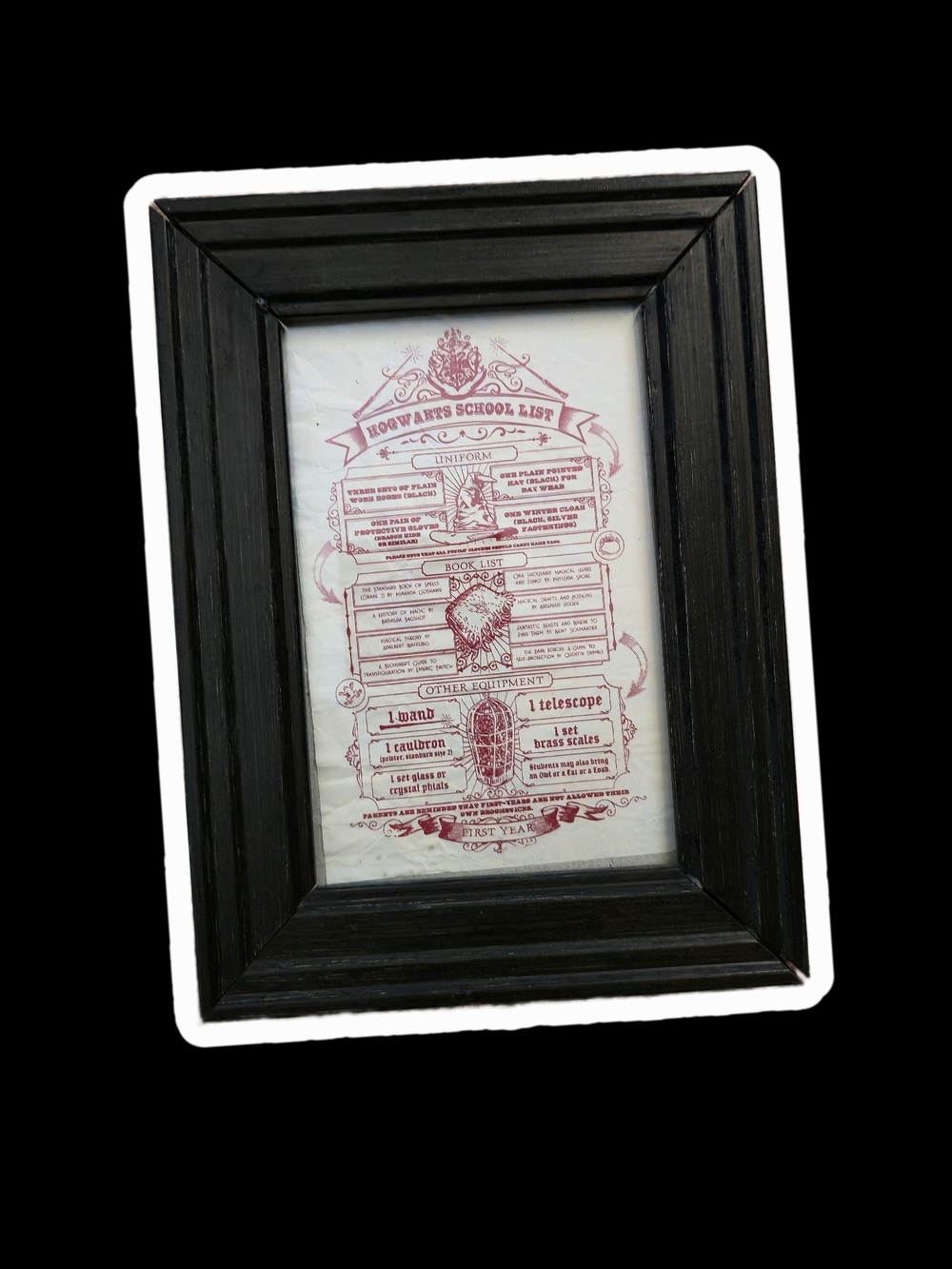 Framed Hogwartz School Supply List Black Wood Picture Frame